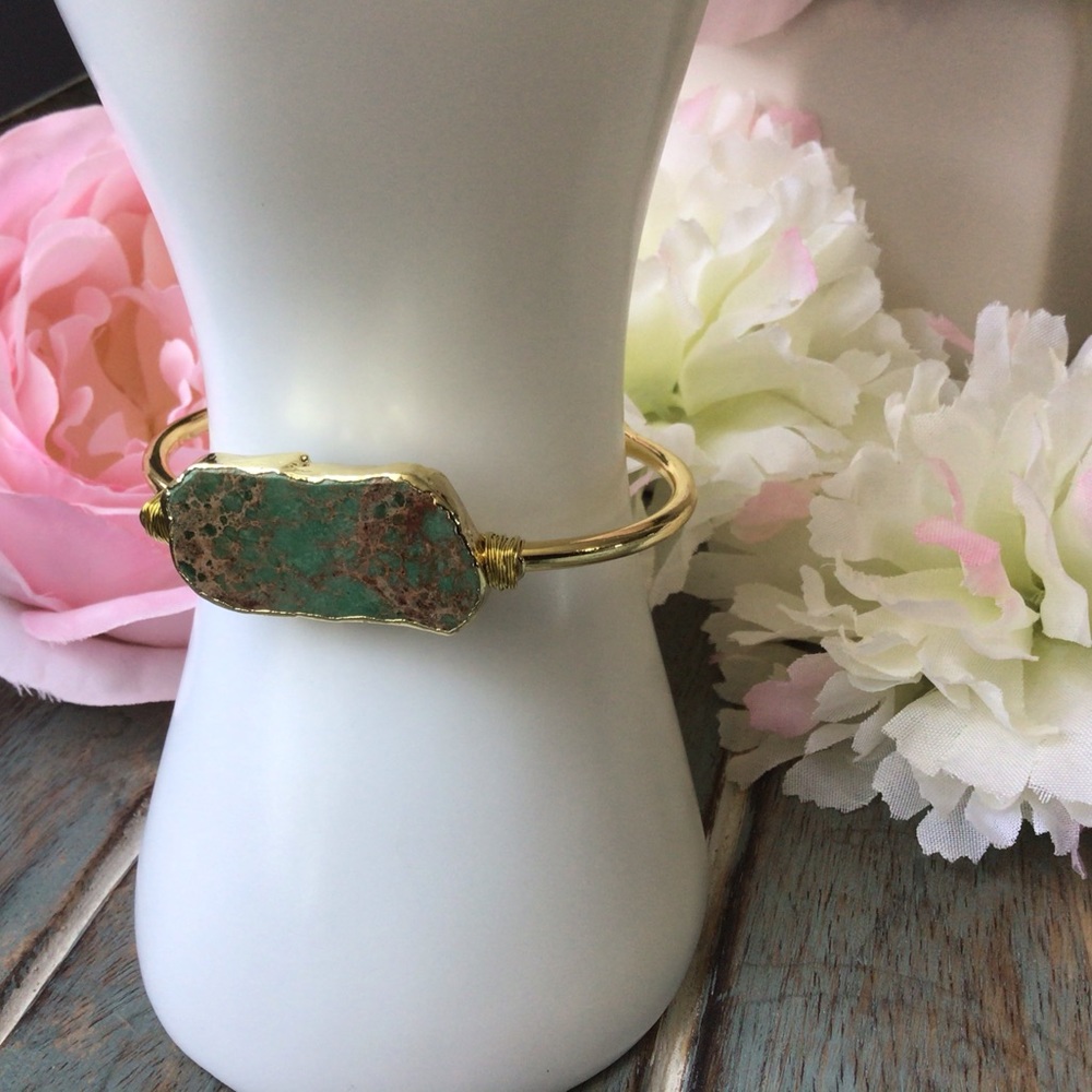 18K Gold Natural Sea Jasper Stone Cuff Bangle - Picture 5 of 9